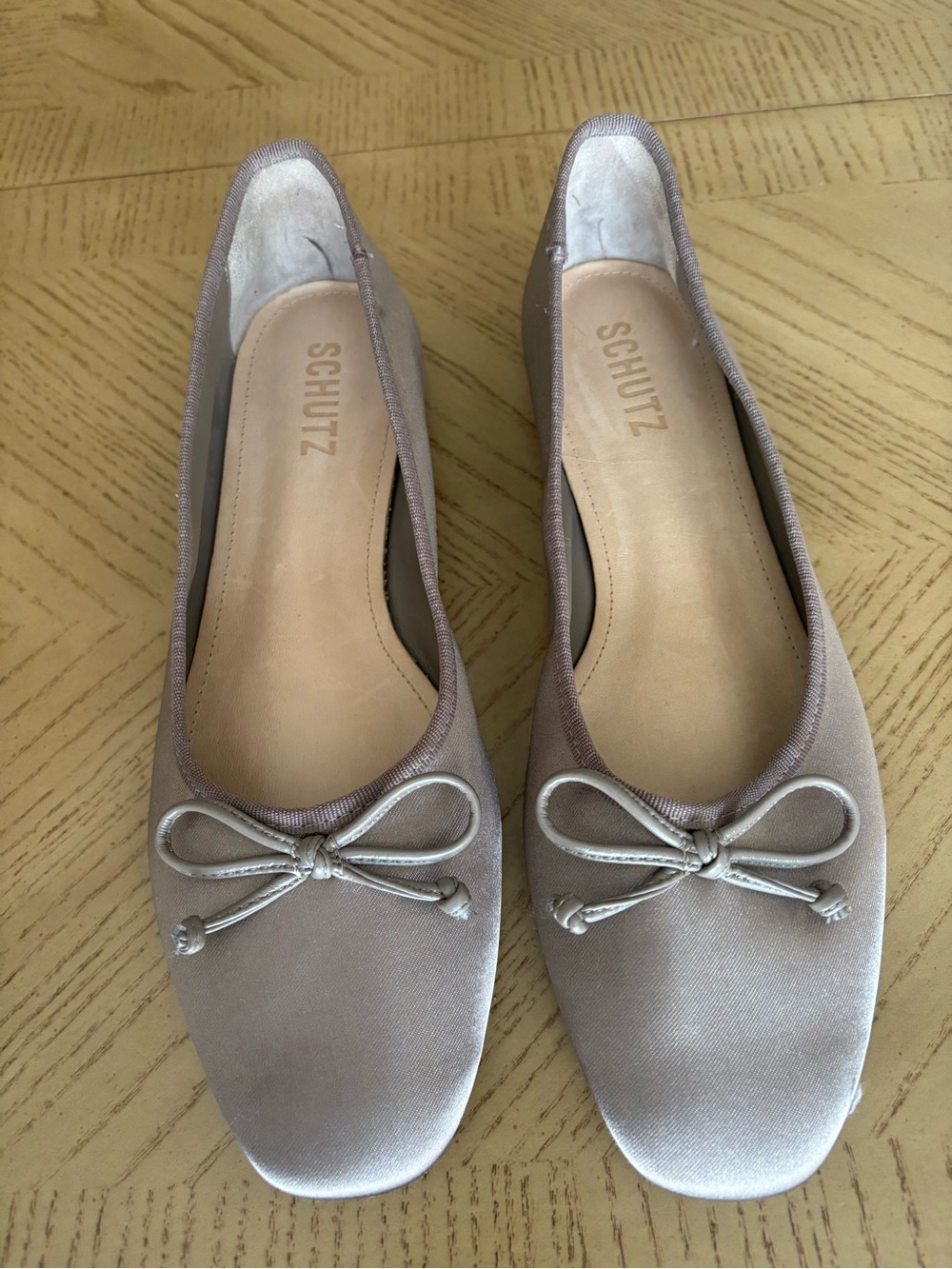 SCHUTZ Silver Satin Ballet Flats with Bow Accent - Picture 2 of 4